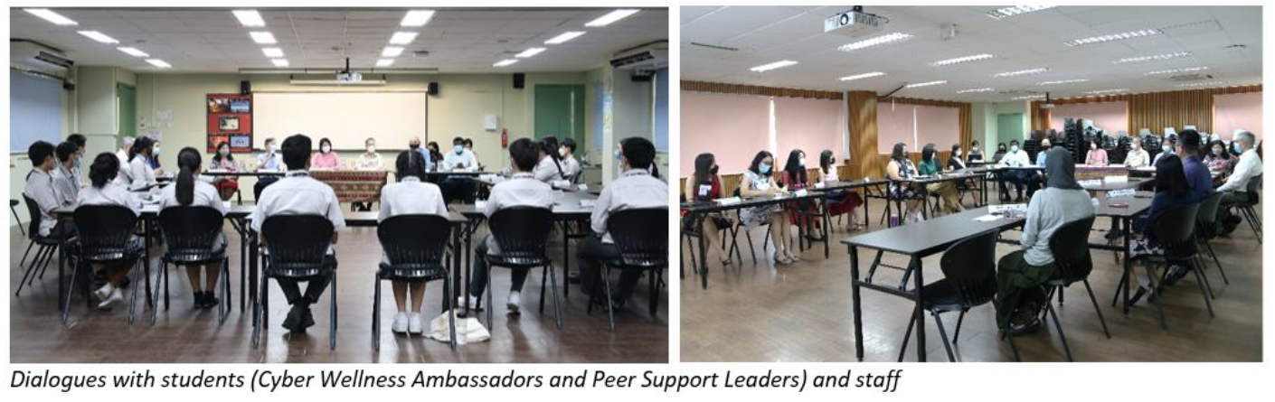 Two indoor group meetings with students and staff seated in circular arrangements in classroom-style rooms.